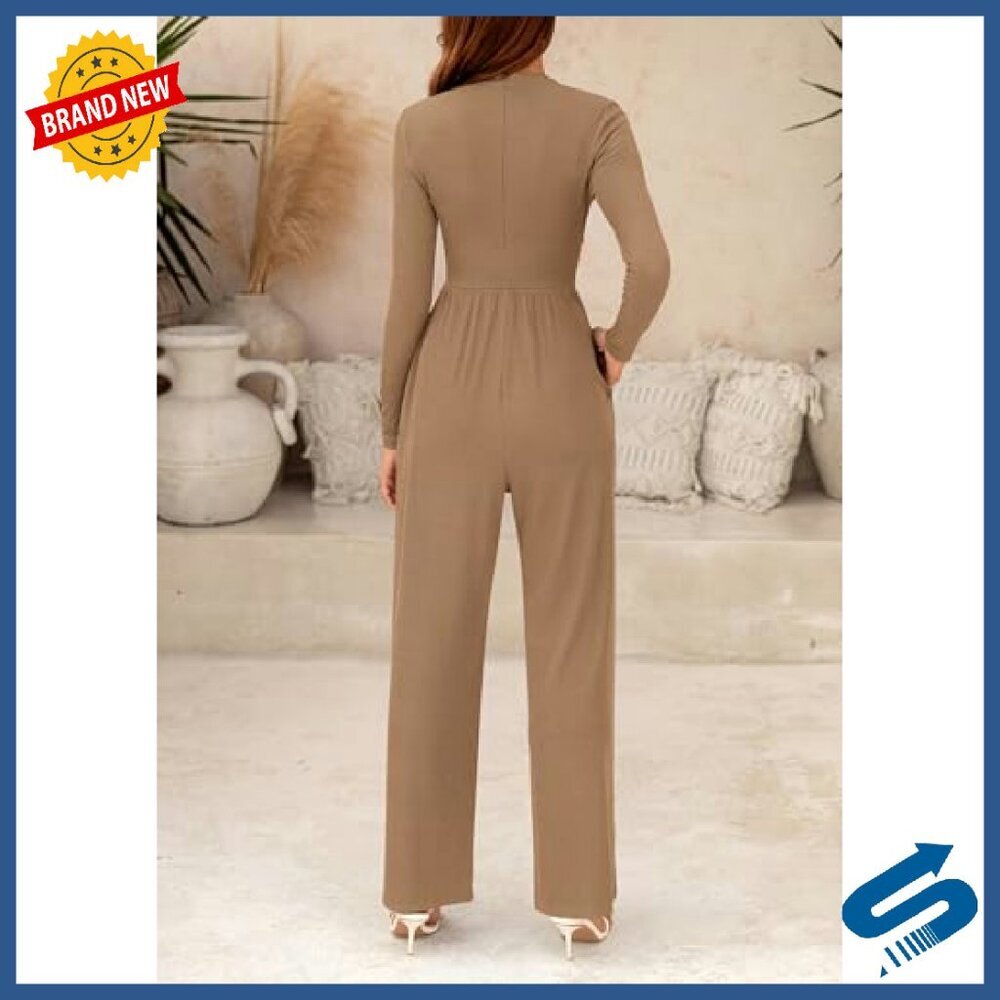 Long Sleeve Mock Neck Jumpsuit Wide Leg Pockets Fall Fashion - Picture 3 of 8